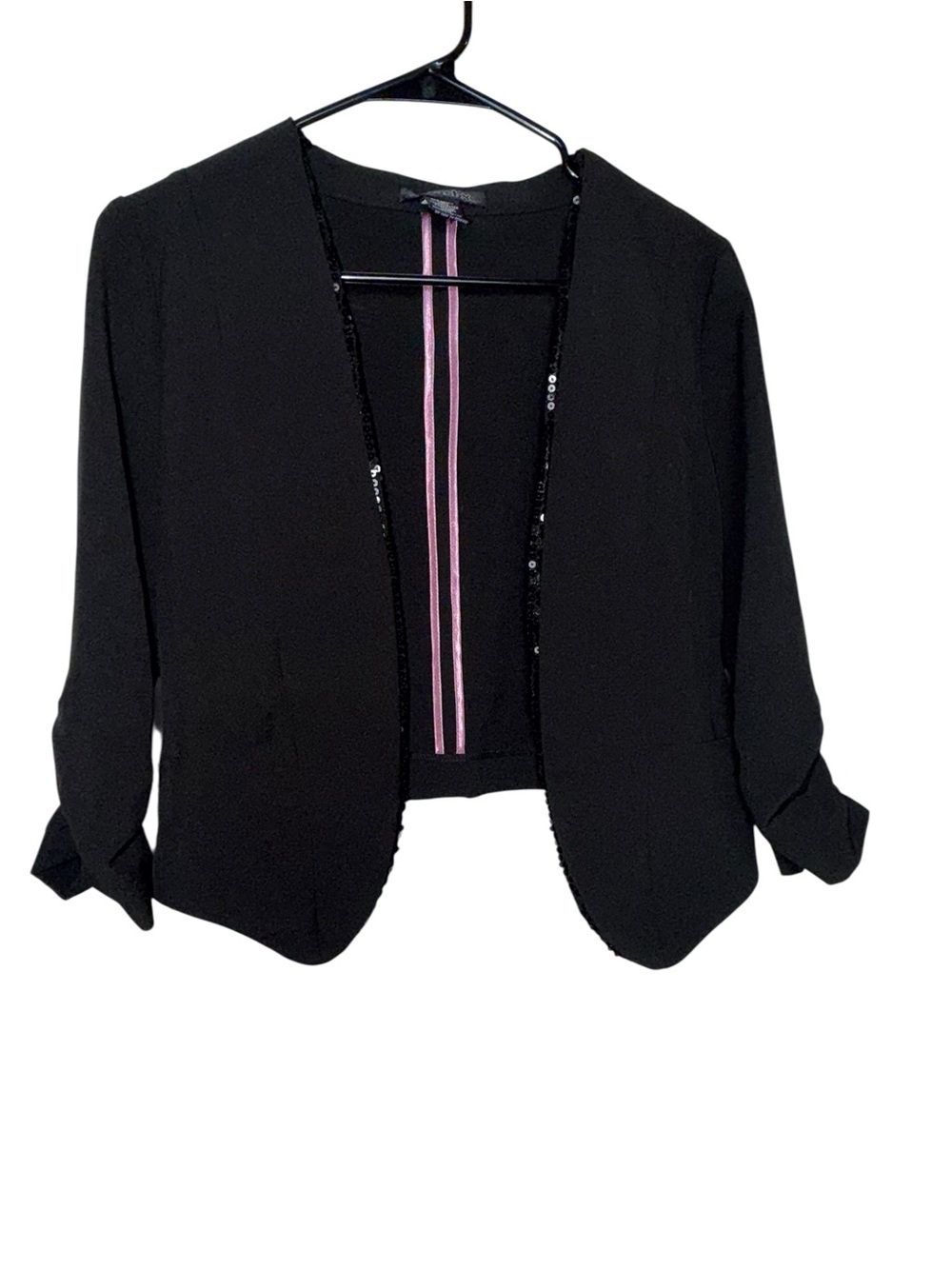 Stooshy Black Sequin Trim Cropped Open Front Jacket Blazer L